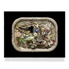 Daniel Spoerri, Vide-Poches, 1975, Assemblage with found bottles, coins, keys, fork, jewelry, nails and other found objects on a tray
