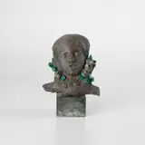 Head of Beatrice by Salvador Dalí, 1965-1966, Bronze bust with 11 malachite green stones, lacking one stone at the lower left bust, the back of the head concave with , offered Apr 2023
