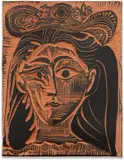 Femme au chapeau fleuri (Woman with flowery hat) (R. 521) by Pablo Picasso, 1964, Red earthenware tile painted in black; ceramic, Madoura edition, sold Apr 2023