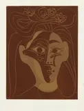 Jacqueline au chapeau à fleurs. I (Jacqueline in a Flowered Hat. I) (see Bl. 1076 & 1149, see Ba. 1304 I & II) by Pablo Picasso, 1962, Linocut in colors, on Rives BFK paper, with full margins, sold Apr 2023