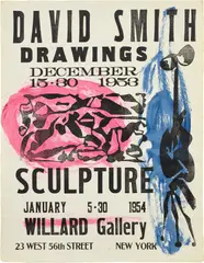 David Smith, Willard Gallery Poster (S. 38), 1953, Linocut and handset type with watercolor additions, on Hayle Mill handmade laid paper, the full sheet