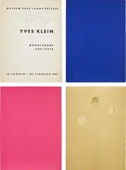 Yves Klein, Monochrome und Feuer (Krefeld Triptych), 1961, The complete set of three works, comprised of one gold leaf and two screenprints in Yves Klein blue and pink, on card, the full sheets, contained in the original Museum Haus Lange, Krefeld exhibition catalogue