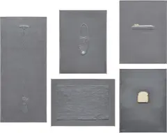 Jasper Johns, High School Days, The Critic Smiles, Flag, Light Bulb, and Bread, from Lead Reliefs (G. 129-133; ULAE 72-76), 1969, The complete set of five lead reliefs with polystyrene and wood backing, one with an inset mirror, one with rag paper hand-painted in oil by the artist, and one with tin leaf and gold plating, all in the original publisher's welded aluminum frames