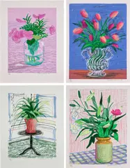 David Hockney, A Bigger Book: Art Edition A, B, C and D, 2010/2016, The complete series of four iPad drawings in colors, printed on archival paper, with full margins, with one illustrated 680-page chronology book, and one adjustable book stands designed by Marc Newson, all contained in the original cardboard box with label stamp-numbered '0556'