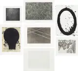Various Artists, MOCA Portfolio, 2000, The complete set of six prints plus one additional Lucien Freud print, including one mezzotint, one embossing, and five etchings (one with lithograph, two with aquatint), on various wove papers (two with Chine collé), with full margins and the full sheets, with title page and justification, all contained in the original red linen-covered portfolio designed by Frank Gehry