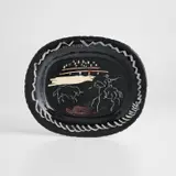 Corrida sur fond noir (Corrida on Black Ground) (R. 198) by Pablo Picasso, 1953, White earthenware clay rectangular dish, incised and decorated with englobes, painted in colors, with brushed glaze; cer, sold Apr 2023