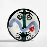 Visage no. 130 (Face no. 130) (R. 479) by Pablo Picasso, 1963, White earthenware round plate painted in colors and glazed; ceramic, Madoura edition, sold Apr 2023