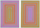 Richard Anuszkiewicz, Reflections I-Blue Line With Ochre Center; and Reflections I-Blue Line With Mauve Center, 1979, Two monumental screenprints in colors with hand-painting, on Masonite, the full boards