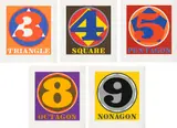 Robert Indiana, Triangle; Square; Pentagon; Octagon; and Nonagon, from Polygons (S. 85-87, 90-91), 1975, The set of five screenprints in colors, on Arches paper, all contained in the original paper folders with printed titles, with justification and text by William Katz, all contained in the original blue cloth-covered portfolio with printed title