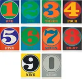 Robert Indiana, Numbers (S. 56), 1968, The complete set of 10 screenprints in colors, on Scholler's Parole paper, the full sheets bound (as issued), with poems by Robert Creeley and the original brown paper dust-jacket and cardboard portfolio