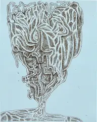 James Siena, Decaying Old Man, 2008, Black and white ink drawing, on Smythson Bond Street Blue wove paper
