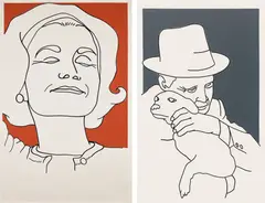 Nancy Dwyer, Middle-aged Bliss; and Old Man and Dog, 1979, Middle-aged Bliss ink and red acrylic paint, on glossy wove paper and Old Man and Dog ink and grey acrylic paint, on glossy wove paper, both framed