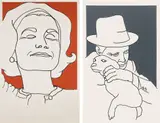 Nancy Dwyer, Middle-aged Bliss; and Old Man and Dog, 1979, Middle-aged Bliss ink and red acrylic paint, on glossy wove paper and Old Man and Dog ink and grey acrylic paint, on glossy wove paper, both framed