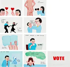 VOTE by David Shrigley and Joan Cornellà, 2022, The complete set of eight screenprints in colors, on wove paper, the full sheets, with title page, all contained in the , sold Apr 2023