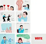 David Shrigley and Joan Cornellà, VOTE, 2022, The complete set of eight screenprints in colors, on wove paper, the full sheets, with title page, all contained in the original foam-lined wooden box with printed title and artists names