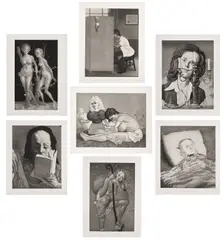 John Currin, Milestones, 2006, The complete set of seven etching, aquatint and drypoints, on Kochi NB paper, with full margins, with title page, colophon and the original brown leather portfolio