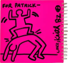Keith Haring, Catalogue Dedication, 1982, Ink drawing, on pink spiral-bound paper catalogue for the exhibition Keith Haring , at Tony Shafrazi Gallery, October 9 - November 13, 1982
