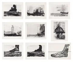 Huma Bhabha, Reconstructions, 2007, The complete set of 18 prints, including 16 photogravures and two woodblock prints, on Hahnemühle and Tosa Hanga papers, the full sheet and with full margins, the sheets loose (as issued), with title page, colophon, and text page by Jorge Luis Borges on Vellum, all contained in the original linen-covered portfolio box with embossed text in green