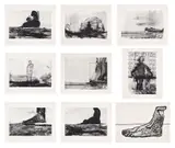 Huma Bhabha, Reconstructions, 2007, The complete set of 18 prints, including 16 photogravures and two woodblock prints, on Hahnemühle and Tosa Hanga papers, the full sheet and with full margins, the sheets loose (as issued), with title page, colophon, and text page by Jorge Luis Borges on Vellum, all contained in the original linen-covered portfolio box with embossed text in green