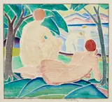 Bror Julius Olsson Nordfeldt, Bathers (D. 20), circa 1916, White-line woodcut in colors, on laid paper, with margins