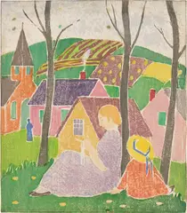 Ethel Mars, Sewing, circa 1915, Woodcut in colors, on wove paper, the full sheet