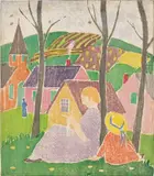 Ethel Mars, Sewing, circa 1915, Woodcut in colors, on wove paper, the full sheet