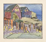 Edna Hopkins, Studios in the Wharf, circa 1920, Woodcut in colors, on laid paper, with margins