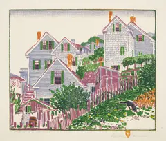 Tom A Hunting (C. 58) by Gustave Baumann, 1917, Woodcut in colors, on J.W. Zanders pebbled wove paper, with full margins, sold Oct 2023