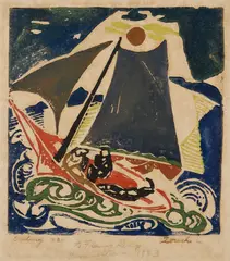 William Zorach, Sailing, 1916, Linocut in colors, on wove paper, with margins, with an additional pencil drawing on the reverse