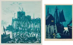 Tod Lindenmuth, Low Tide; and Along Side, circa 1915-1940, Two linocuts in colors, on laid paper, with margins