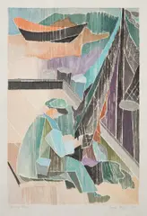 Angèle Myrer, Mending Twine (Mending Nets), 1954, White-line woodcut in colors, on wove paper, with margins