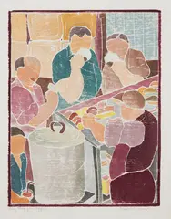 Mabel A. Hewit, They Stop for Coffee, circa 1930, White-line woodcut in colors, on wove paper, with margins