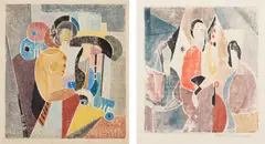 Agnes Weinrich, Seated Woman; and Three Seated Figures, 1920, Two white-line woodcuts in colors, on wove paper, with margins