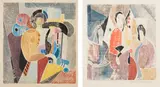 Agnes Weinrich, Seated Woman; and Three Seated Figures, 1920, Two white-line woodcuts in colors, on wove paper, with margins