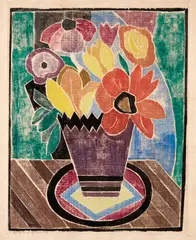 Alice C. Browne, [Bouquet of Flowers on a Table], White-line woodcut in colors, on laid paper, with margins
