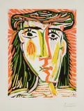 Femme au chapeau (Woman in a Hat) (Bl. 1073, Ba. 1281) by Pablo Picasso, 1962, Linocut in colors, on Arches paper, the full margins, with full margins, sold Oct 2023