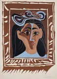 Jacqueline au chapeau à fleurs. II (Jacqueline in a Flowered Hat. II) (Bl. 1149, Ba. 1304) by Pablo Picasso, 1962, Linocut in colors, on Arches paper, with full margins, sold Oct 2023