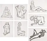 Tom Wesselmann, Monica Sitting Cross Legged; Rosemary Sitting Up Straight; Monica Sitting, One Leg on the Other; Monica Sitting Against Wall; Monica Sitting, Robe Half Off; Monica Lying on Her Side with Scribbles; and Monica Lying Down, One Arm Up