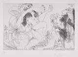 Pablo Picasso, Oasis avec flûtiste et danseurs (Oasis with Flutist and Dancers), plate 238 from 347 Series (Bl. 1718, Ba. 1735), 1968, Etching, on Rives BFK paper, with full margins