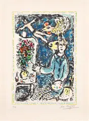 L'Atelier bleu (The Blue Studio) (M. 1004) by Marc Chagall, 1983, Lithograph in colors, on Arches paper, with full margins, sold Oct 2023