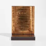 Porta (Door), for Galerie Kriwin (A.P. M64) by Arnaldo Pomodoro, 1977, Gilded bronze multiple, on a burnished brass and wood base, sold Oct 2023