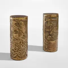 Rouleaux d'écriture (Oiseau de mer; and Visage et serpent) Writing Rolls (Seabird; and Face and Snake) by Pierre Alechinsky, 1973, Two bronze multiples with gold patina, sold Oct 2023