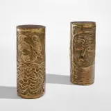 Pierre Alechinsky, Rouleaux d'écriture (Oiseau de mer; and Visage et serpent) Writing Rolls (Seabird; and Face and Snake), 1973, Two bronze multiples with gold patina