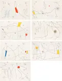Joan Miró, L'Issue dérobée (The Hidden Way Out): seven plates (D. 692-696, 703-704, see C. bks 187), 1974, Seven etching and aquatints in colors, on seven double sheets of Arches paper (folded, as issued), with justification, the full sheets