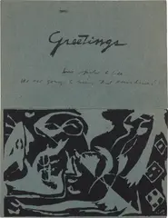 Jackson Pollock, Greeting Card (O'C. & T. 1088), 1944, Double-sided screenprinted card with two images, on one sheet of blue wove paper (front faded), folded (as issued)