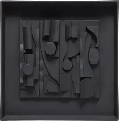 Symphony Three by Louise Nevelson, 1974, Black cast polyester resin multiple, contained in the original black painted wood frame, sold Oct 2023