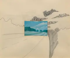 Untitled by Allan D'Arcangelo, 1964, Unique charcoal drawing and postcard collage, on wove paper, sold Oct 2023
