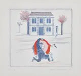 David Hockney, Geography Book (Félicité's Only View From Abroad): Illustration for "A Simple Heart" of Gustave Flaubert (S.A.C. 164, M.C.A.T. 151), 1974, Etching and aquatint in colors, on Arches paper, with full margins