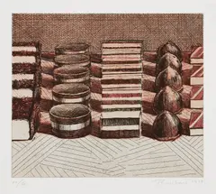 Chocolates by Wayne Thiebaud, 1993, Etching in colors, on Somerset paper, with full margins, sold Oct 2023
