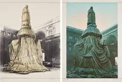 Wrapped Monument to Leonardo, Project for Piazza della Scala, Milan: two prints (S. 41-42) by Christo, 1971, One collotype and lithograph in colors and one collotype in colors, on Rives Couronne paper, the full sheets, sold Oct 2023